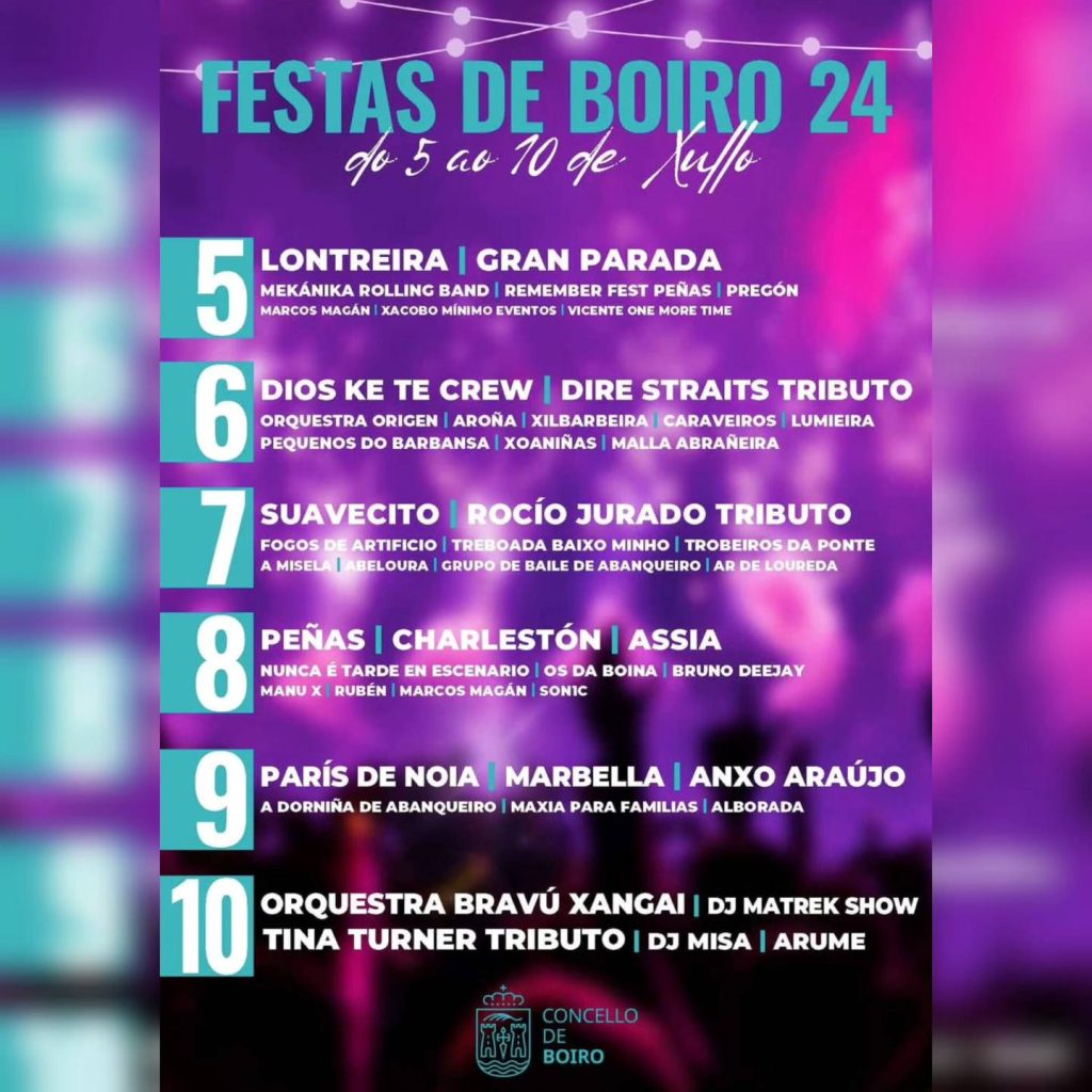 Fiestas de Boiro 2024. Programación completa de las fiestas con eventos y actividades. Estas fiestas se llevarán a cabo del 5 al 10 de julio,