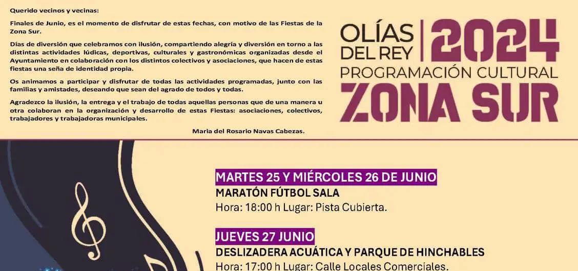 Las Fiestas de la Zona Sur de Olías del Rey 2024 prometen ser un evento inolvidable lleno de actividades para todas las edades.