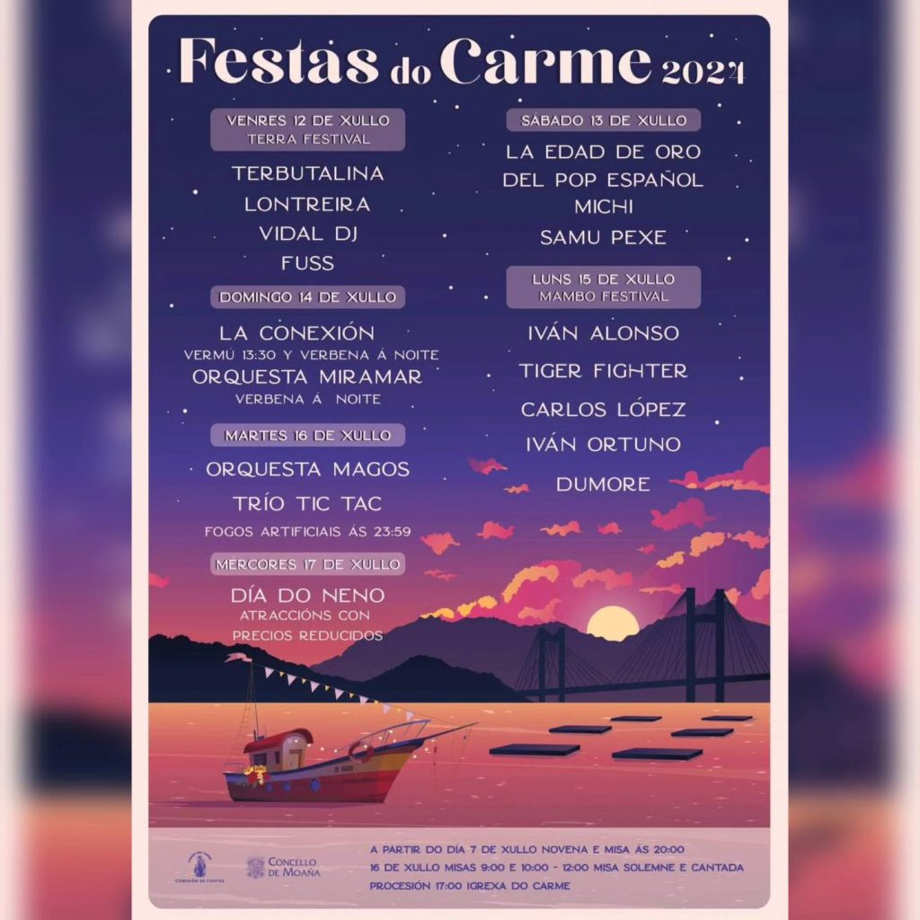 Fiestas del Carmen en Moaña 2024. Programación de las fiestas con eventos y actividades. Fechas del 12 al 17 de julio