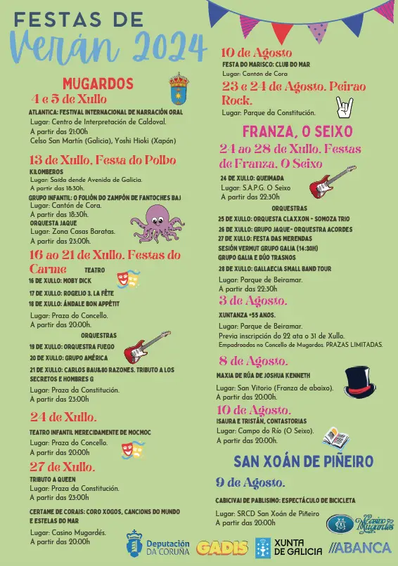 Programación de las fiestas de verano 2024 en Mugardos. Información sobre eventos y actividades con fechas y horarios,